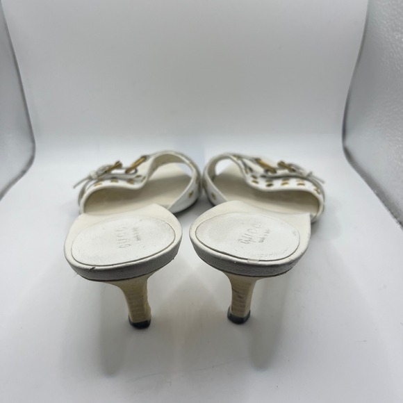 Gucci White Leather Studded Buckle Slide‎ Heels Sandals Women's Size 7B - Picture 3 of 8